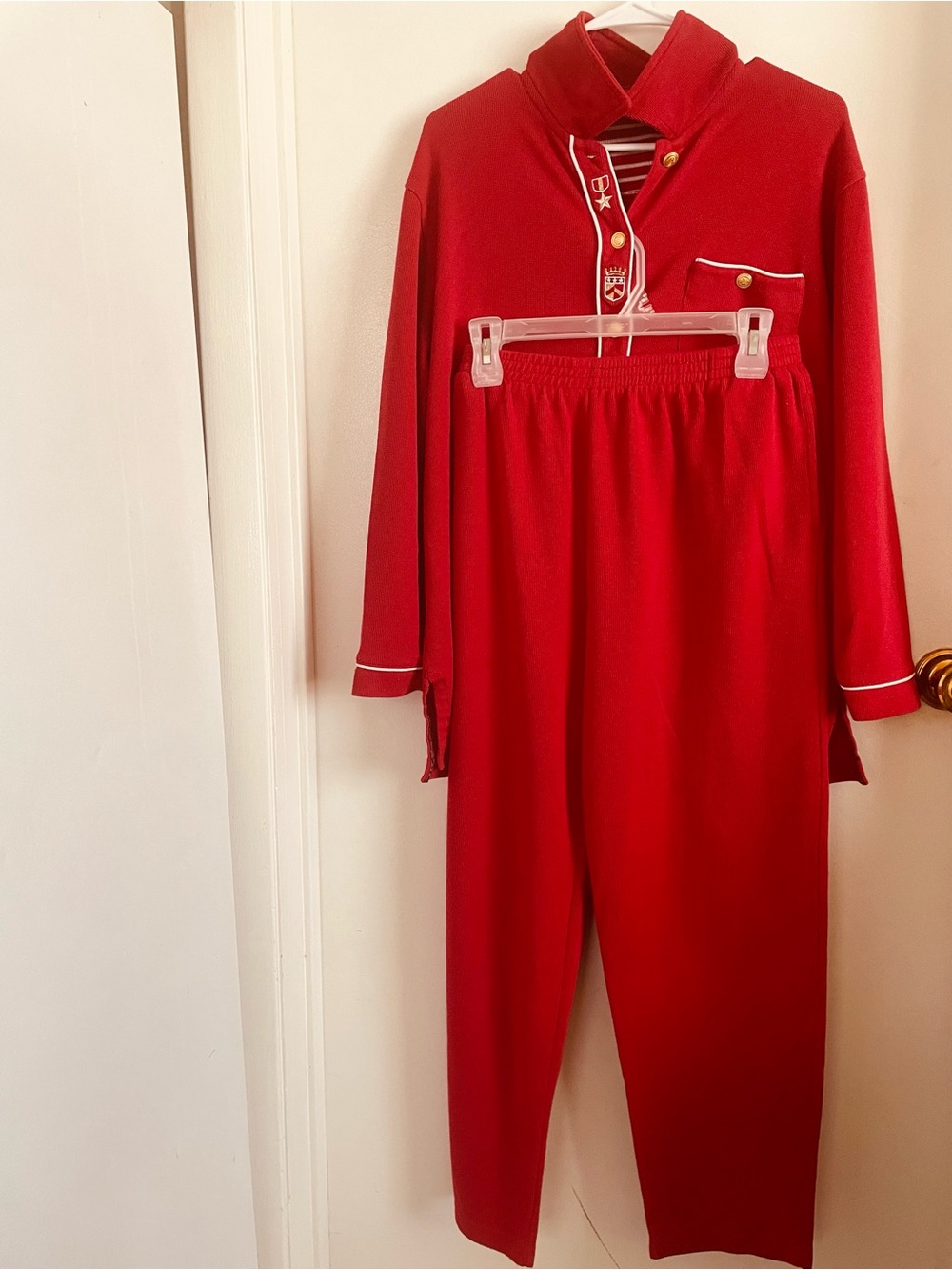 Women's Red Two-Piece Pajama Set with Button-Front Top